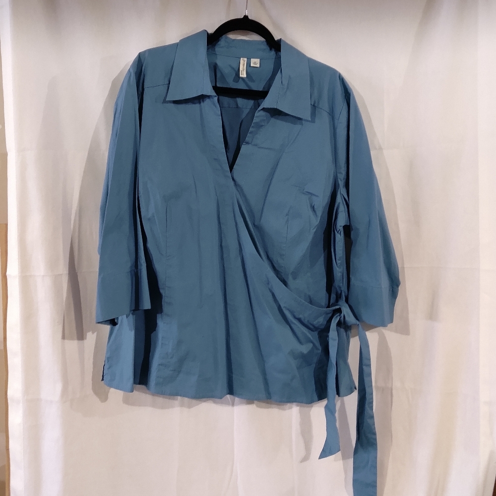 St John's Bay Blue Cotton Wrap Top  3/4 Sleeve Collared  Size 3X